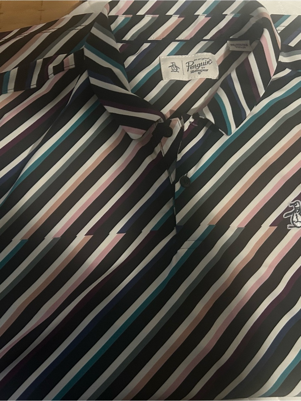 Original Penguin Men’s Diagonal Multi-Stripe Polo — Black, White, Teal & Pink